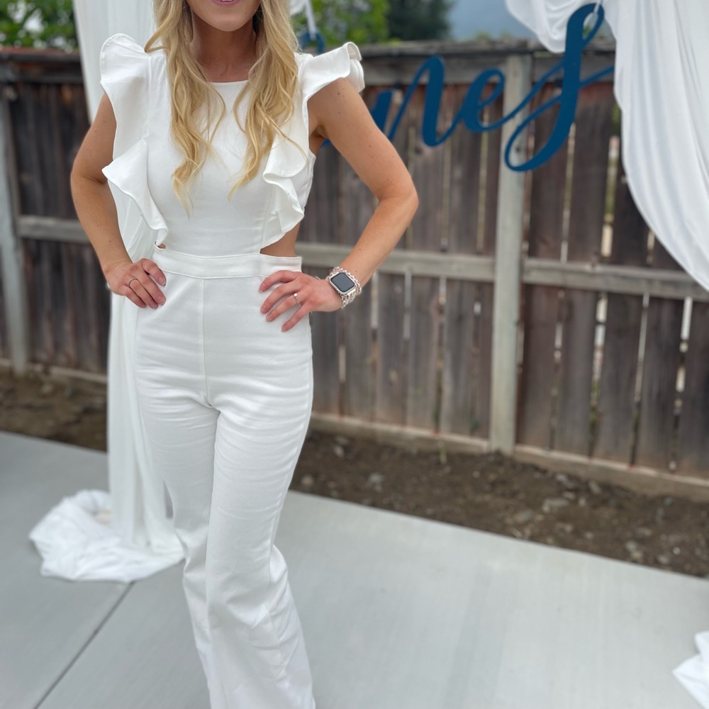 Kadie Cotton Blend Flared Denim Jumpsuit - White - Small